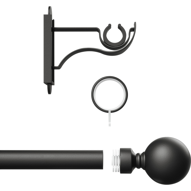 Rothley Curtain Pole Kit with Solid Orb Finials & Rings Matt Black 25mm x 1829mm