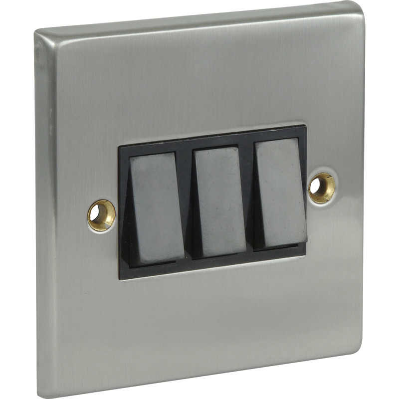 Satin Chrome / Black Switch 10A 3 Gang 2 Way