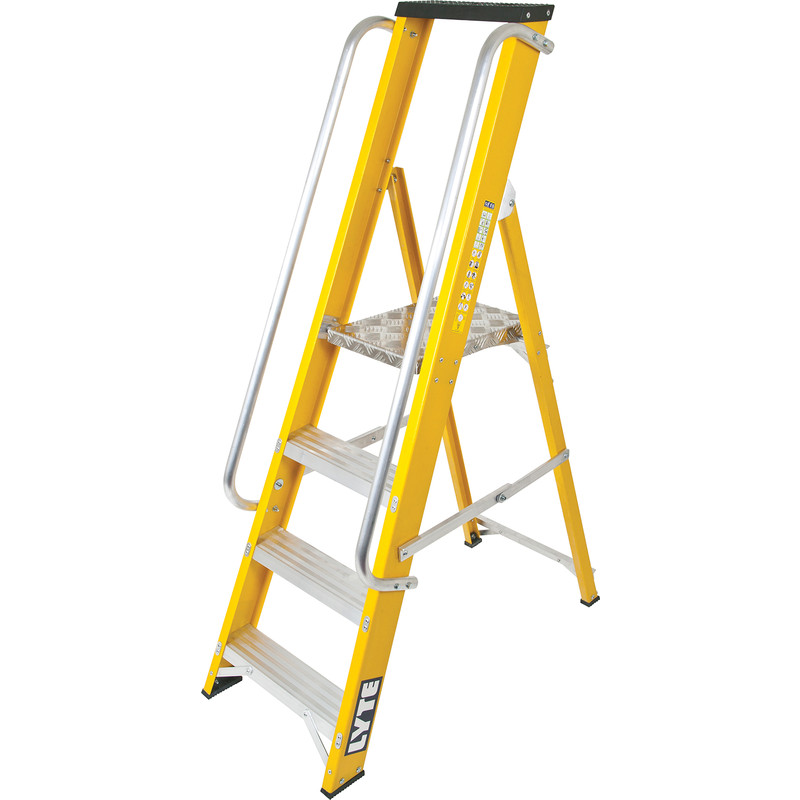 Lyte Heavy Duty Fibreglass Platform Step Ladder With Safety Handrail 4 Tread, Closed Length 1.56m