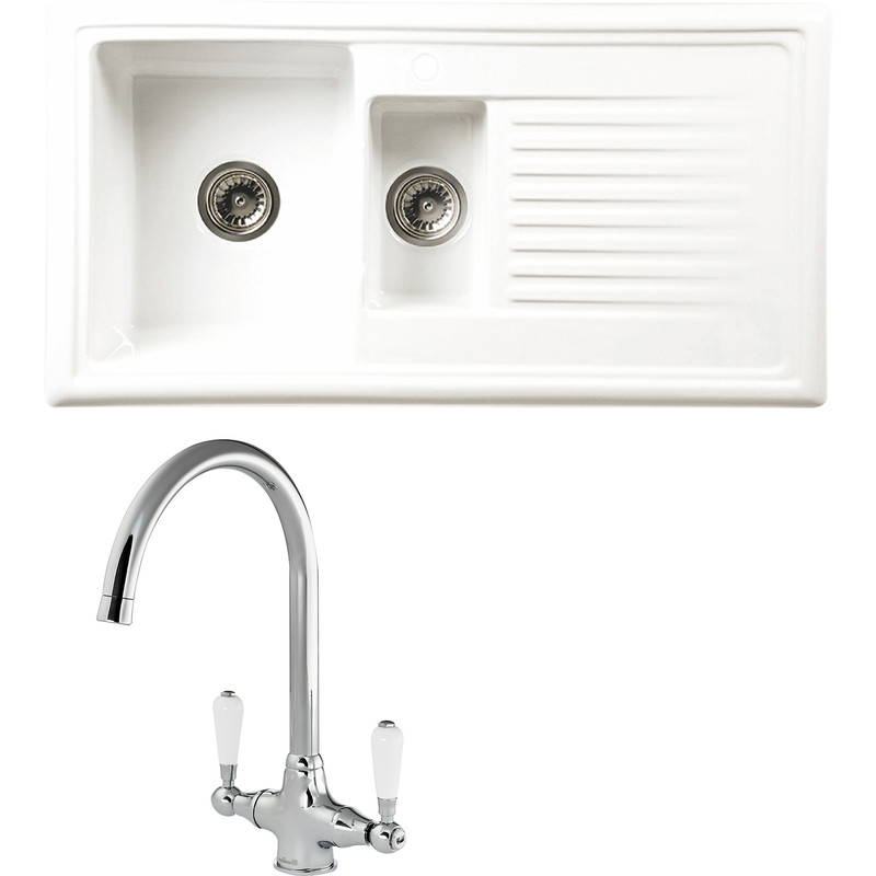 Reginox Reversible Ceramic Kitchen Sink & Drainer 1.5 Bowl White with Chrome Tap