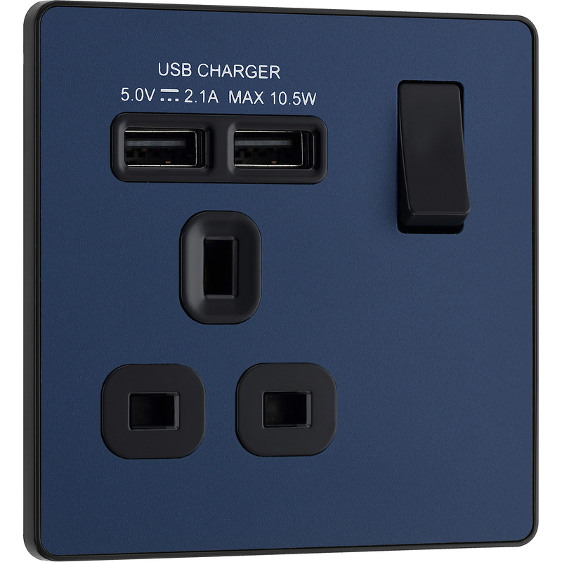 BG Evolve Matt Blue (Black Ins) Single Switched 13A Power Socket + 2 X Usb (2.1A)