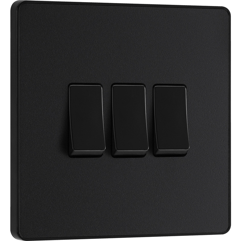 BG Evolve Matt Black (Black Ins) Triple Light Switch, 20A 16Ax, 2 Way