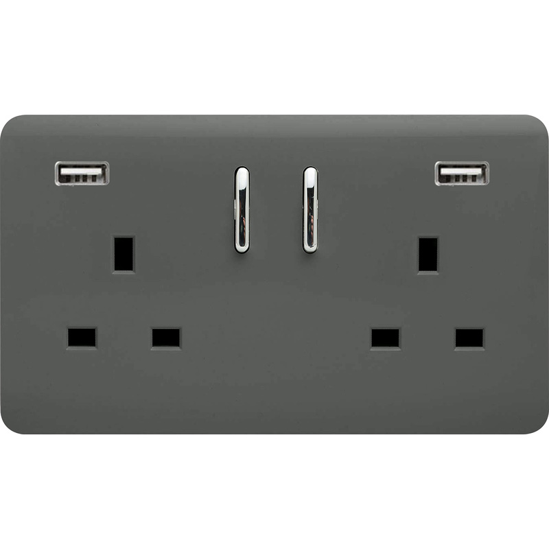 Trendiswitch Charcoal 2 Gang 13 Amp Socket. 2X2.1MaH USB 2 Gang