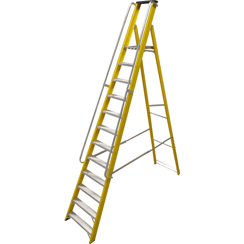 Lyte Heavy Duty Fibreglass Platform Step Ladder With Safety Handrail 12 Tread, Closed Length 3.47m