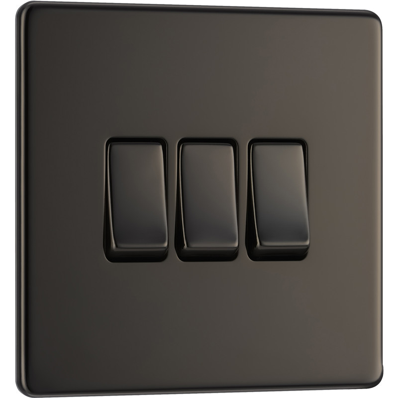BG Screwless Flat Plate Black Nickel Light Switch 3 Gang 2 Way 10AX