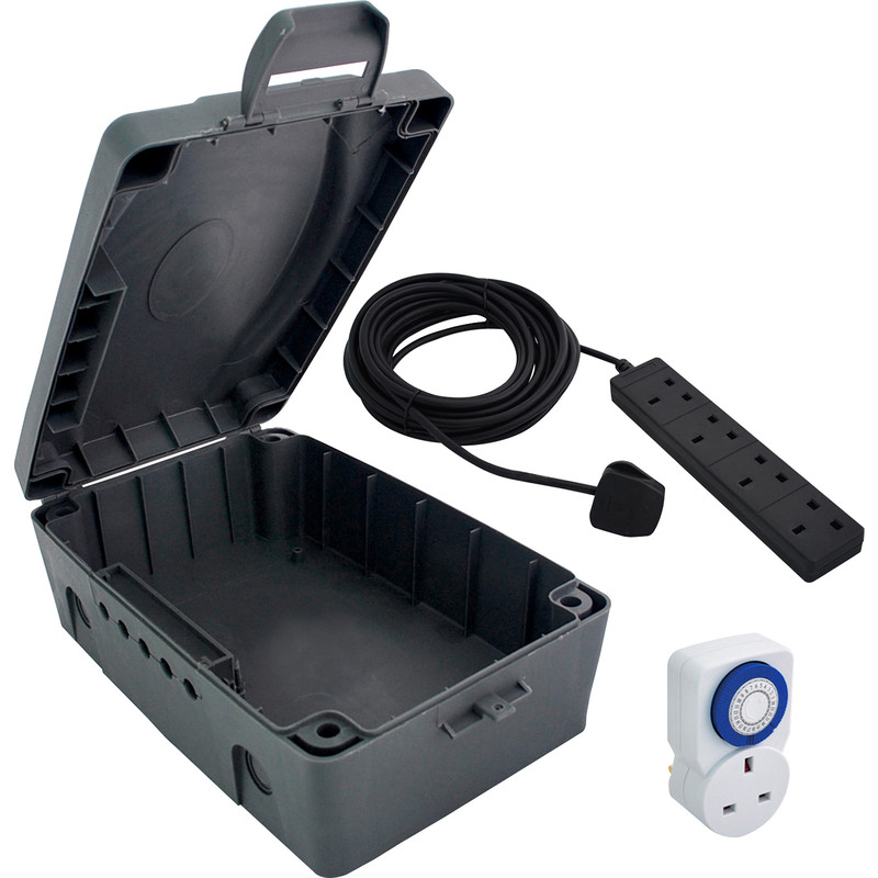 Masterplug IP54 Weatherproof Enclosure Lead & Timer 4 Gang 8m
