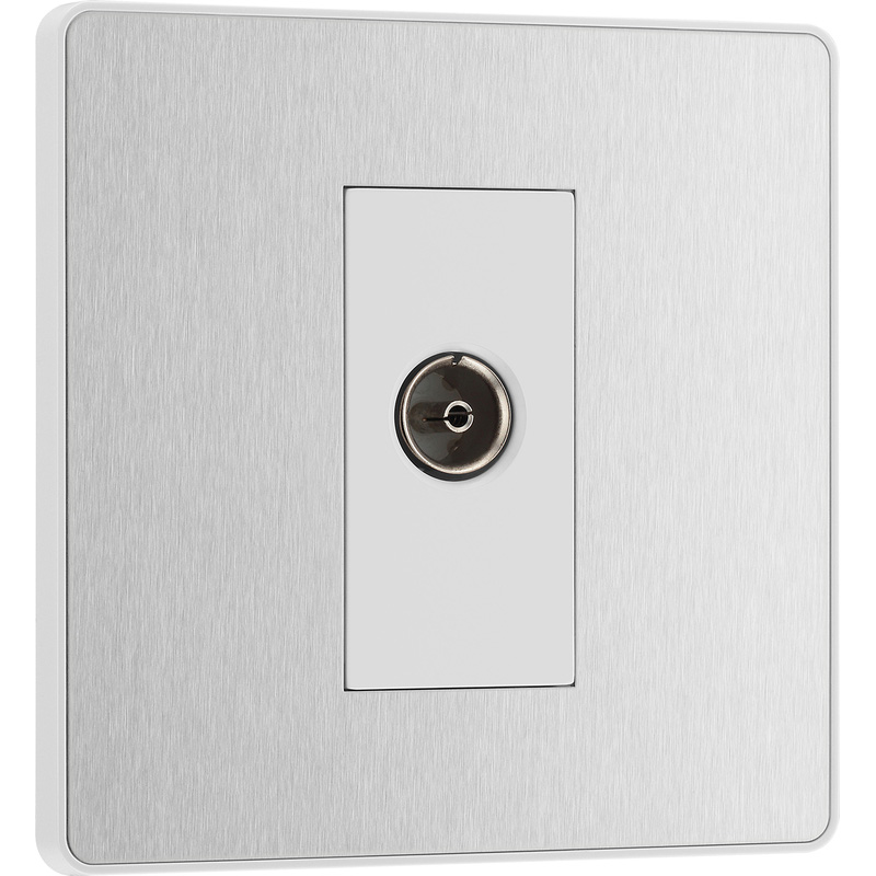 BG Evolve Brushed Steel (White Ins) Single Socket For Tv Or Fm Co-Axial Aerial Connection