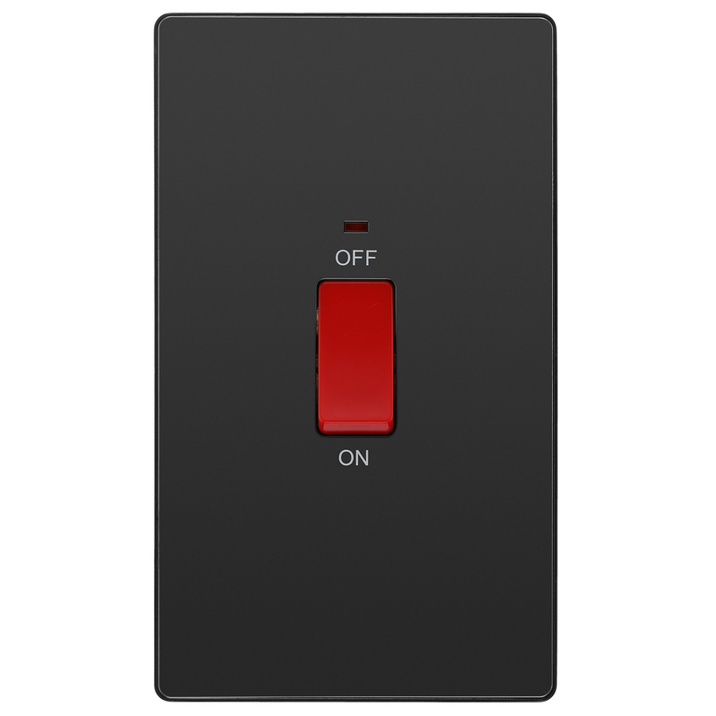 BG Evolve Black Chrome (Black Ins) 45A Rectangular Switch, Double Pole With Led Power Indicator