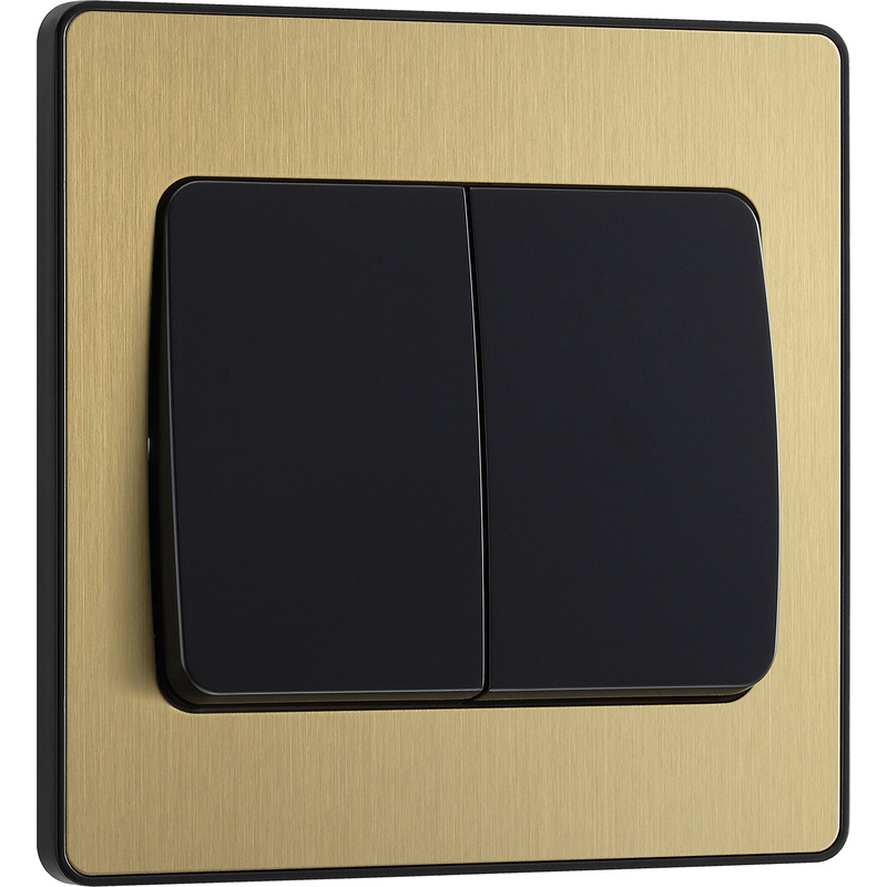 BG Evolve Brushed Brass (Black Ins) Double Light Switch, 20A 16Ax, 2 Way, Wide Rocker