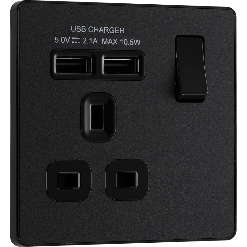 BG Evolve Matt Black (Black Ins) Single Switched 13A Power Socket + 2 X Usb (2.1A)