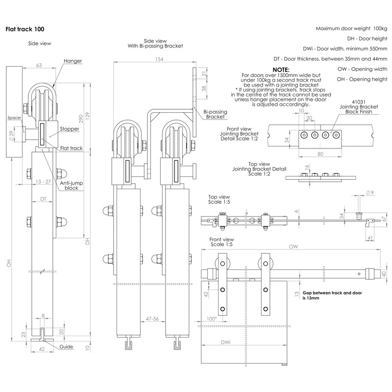 Coburn Flat Track 100 Top Mount Hanger System One Door 1000mm - Stainless Steel Finish