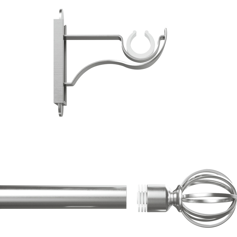 Rothley Curtain Pole Kit with Cage Orb Finials Brushed Stainless Steel 25mm x 1219mm