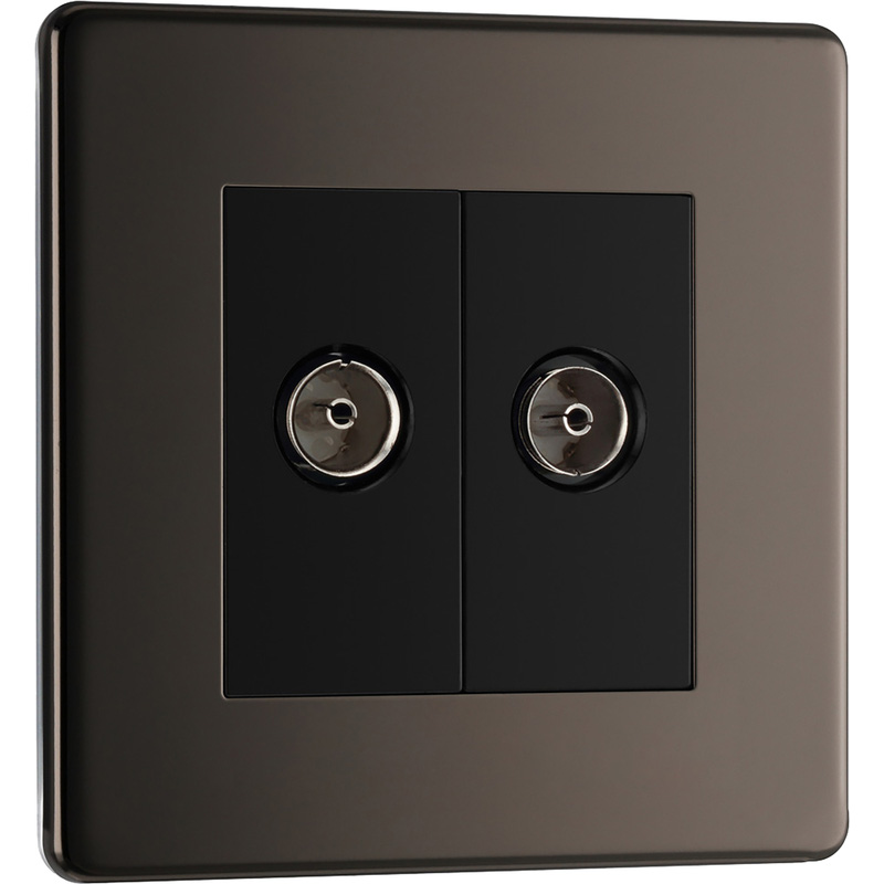 BG Screwless Flat Plate Black Nickel TV / Coaxial Sockets 2 Gang Coaxial