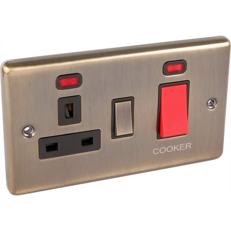 Antique Brass 45A DP Cooker Switch Switched Socket & Neon