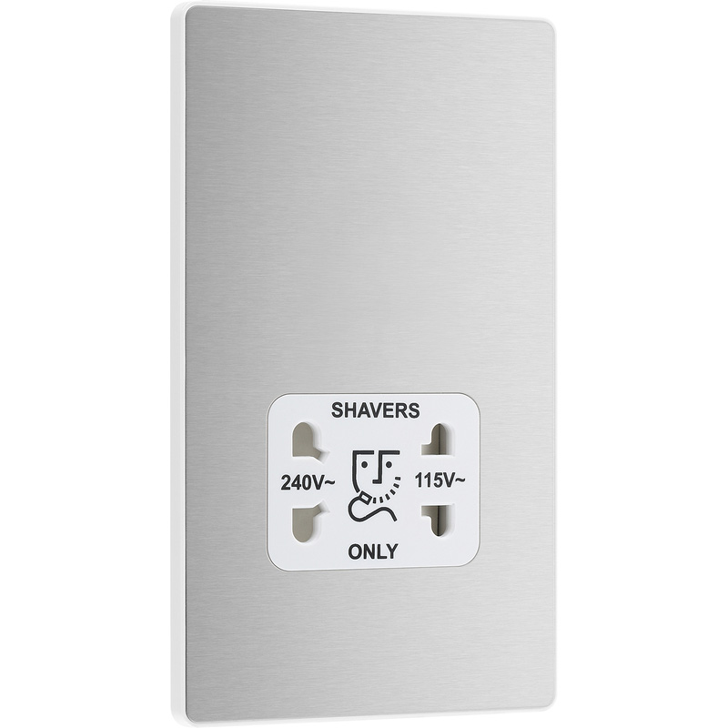 BG Evolve Brushed Steel (White Ins) Dual Voltage Shaver Socket 115/240V