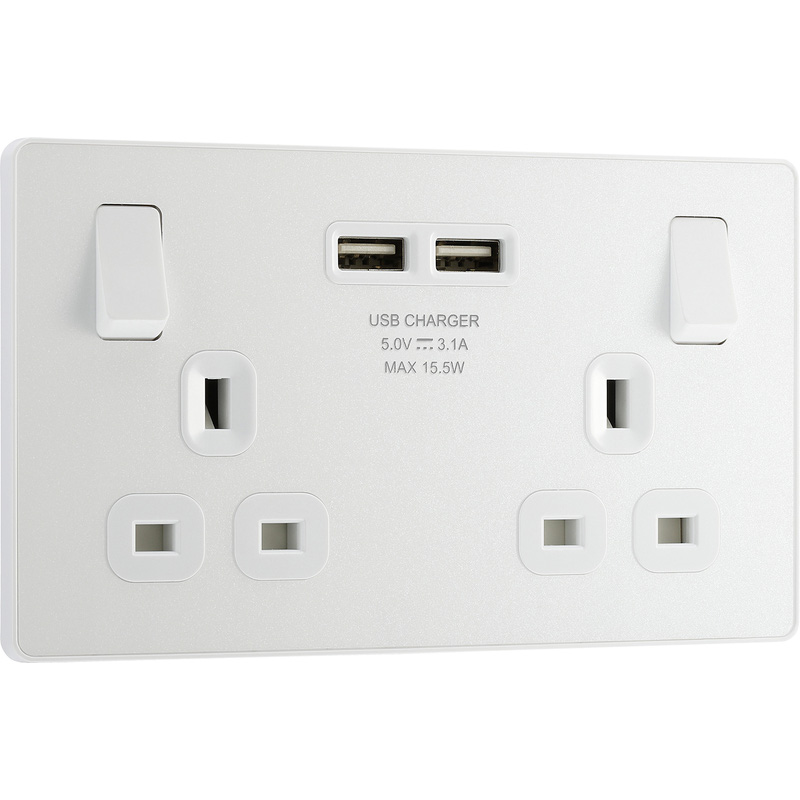 BG Evolve Pearlescent White (White Ins) Double Switched 13A Power Socket + 2 X Usb (3.1A)