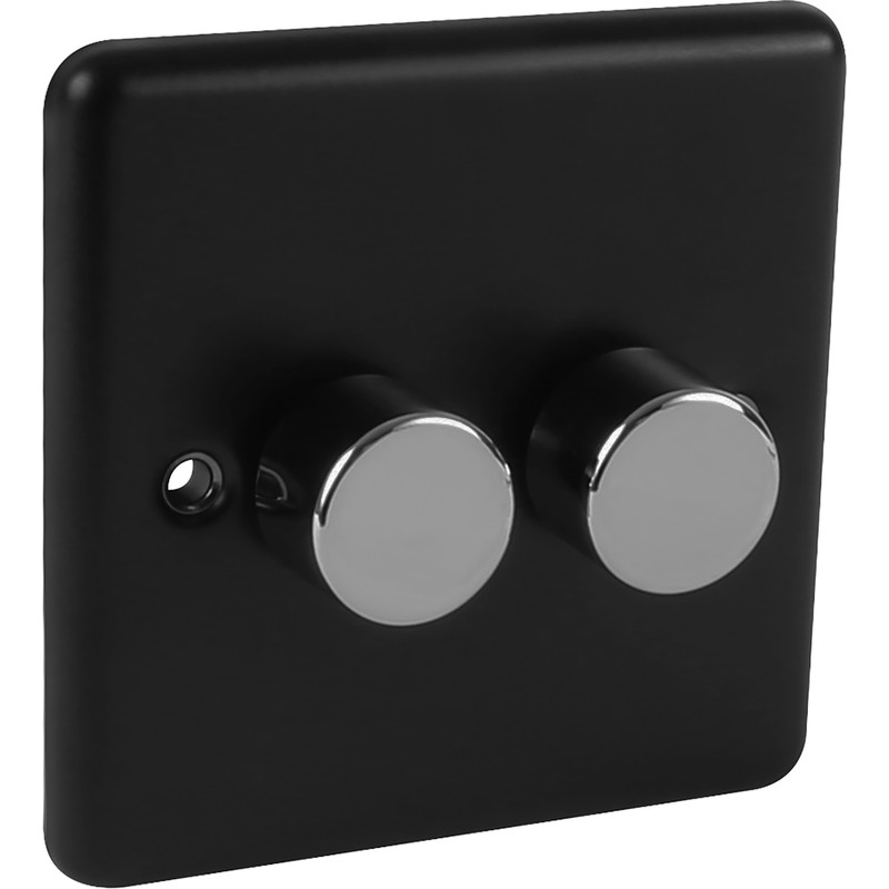 Wessex Matt Black Dimmer Switch Chrome 2 Gang 400W