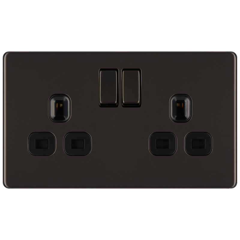 BG Screwless Flat Plate Black Nickel 13A DP Switched Socket 2 Gang