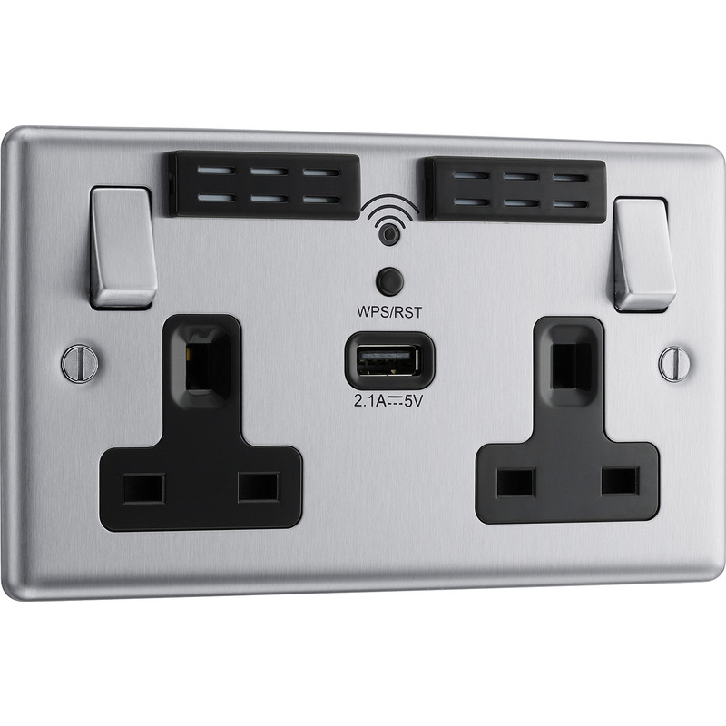 BG Brushed Steel 13A Black Insert WiFi Extender & USB Socket 2 Gang + 1 USB (2.1A)
