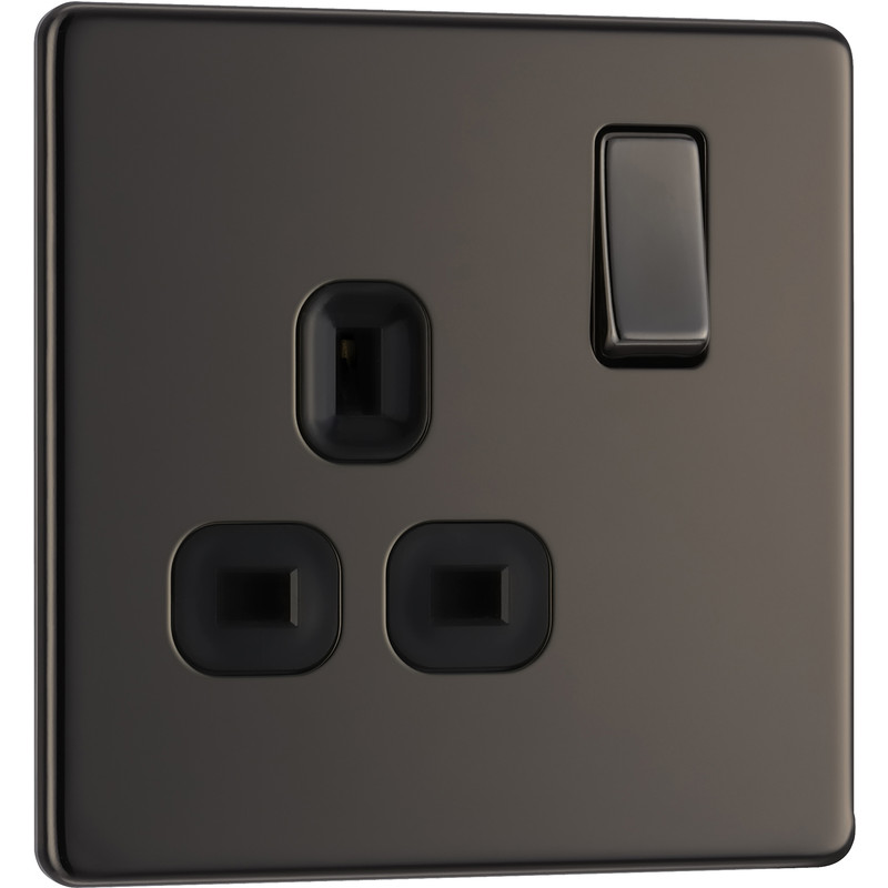 BG Screwless Flat Plate Black Nickel 13A DP Switched Socket 1 Gang