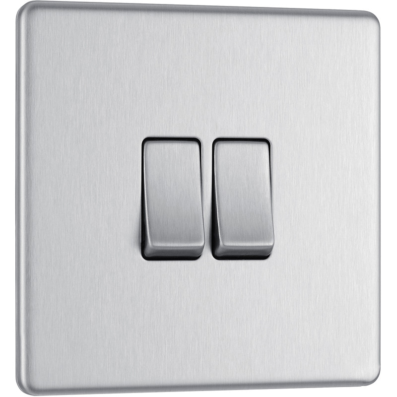 BG Screwless Flat Plate Brushed Stainless Steel 10AX Light Switch 2 Gang 2 Way