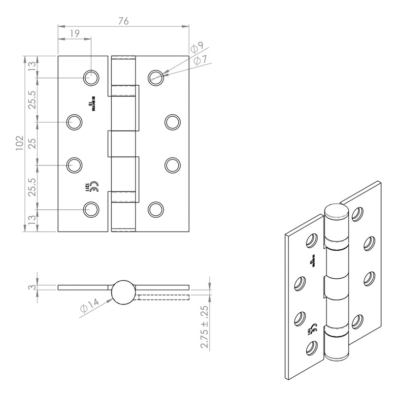 Eurospec British Standard Ball Bearing Hinge Grade 13 Satin Stainless Steel