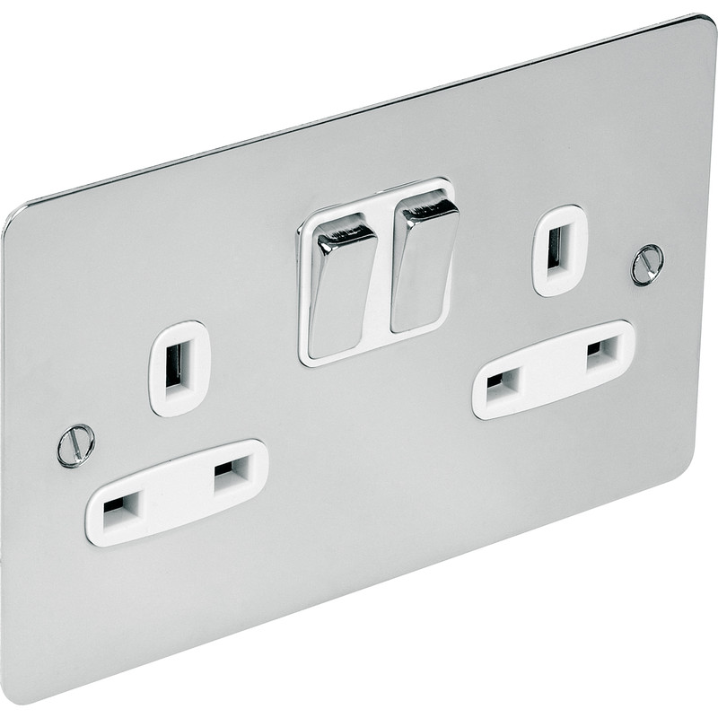 Flat Plate Polished Chrome 13A Socket 2 Gang DP