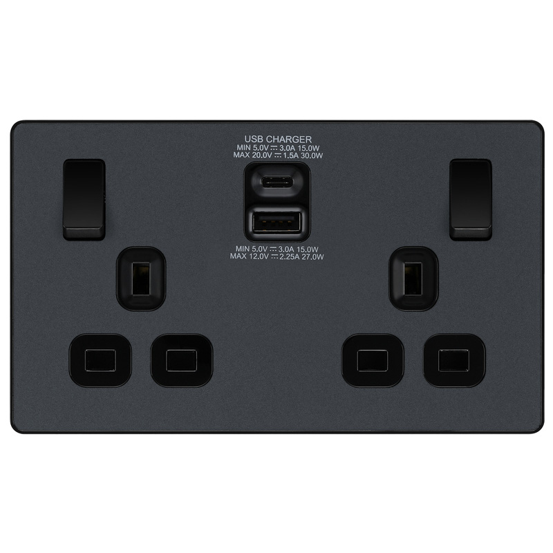 BG Evolve Matt Grey (Black Ins) Double Switched 13A Power Socket + Usb C 30W + Usba (2.1A)
