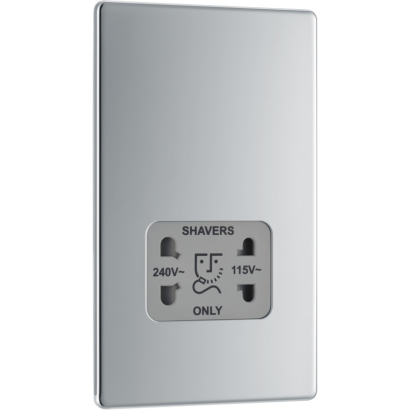 BG Screwless Flat Plate Polished Chrome Shaver Socket Dual Voltage 115/230V
