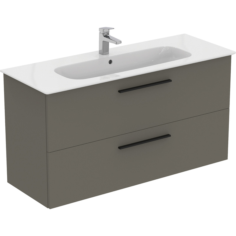 Ideal Standard i.life A Double Drawer Wall Hung Vanity Unit with Basin Matt Quartz Grey 1200mm with Matt Black Handles