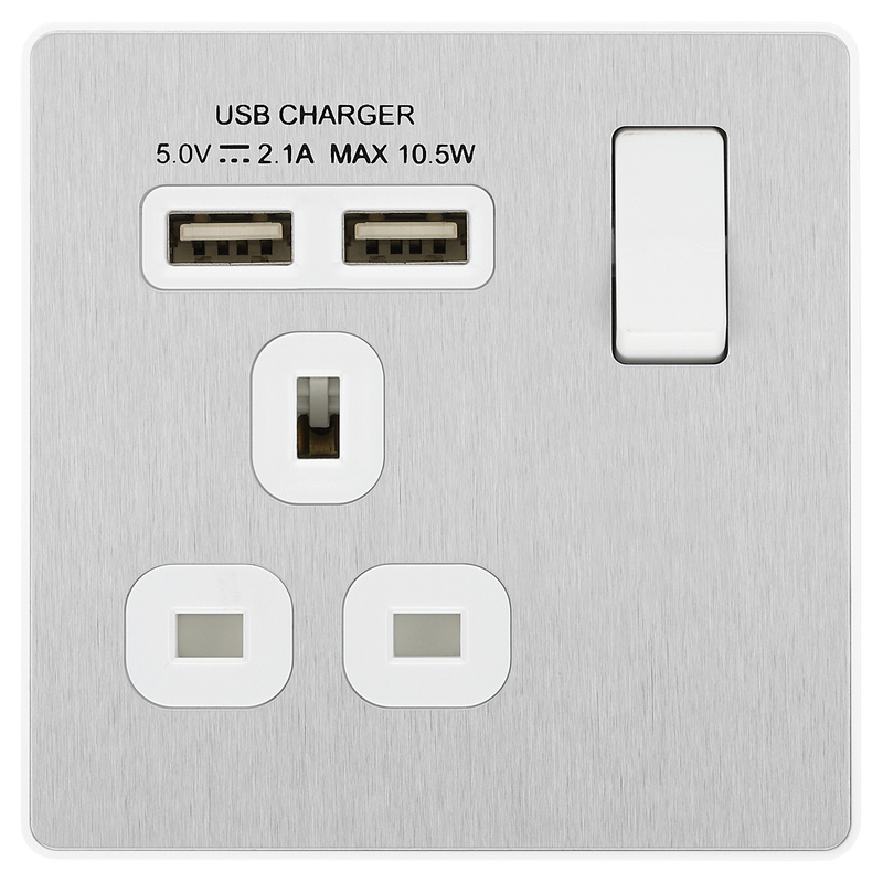 BG Evolve Brushed Steel (White Ins) Single Switched 13A Power Socket + 2 X Usb (2.1A)
