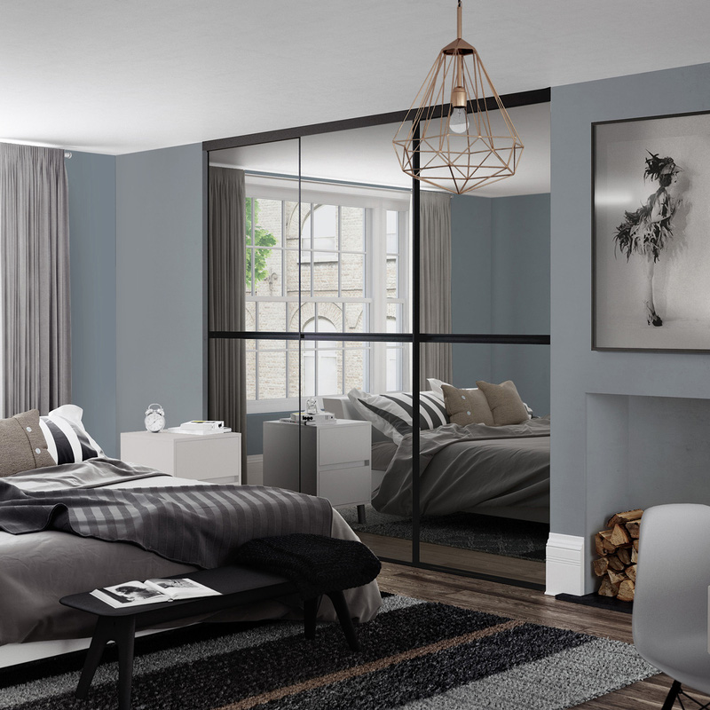 Spacepro Minimalist 3 Door Sliding Wardrobe Kit Black Framed Silver Mirror Doors 1790 x 2260mm