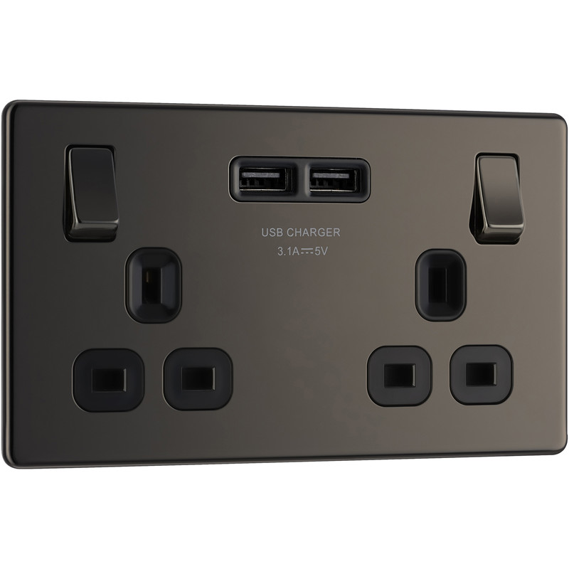 BG Screwless Flat Plate Black Nickel 13A SP USB Switched Socket 2 Gang