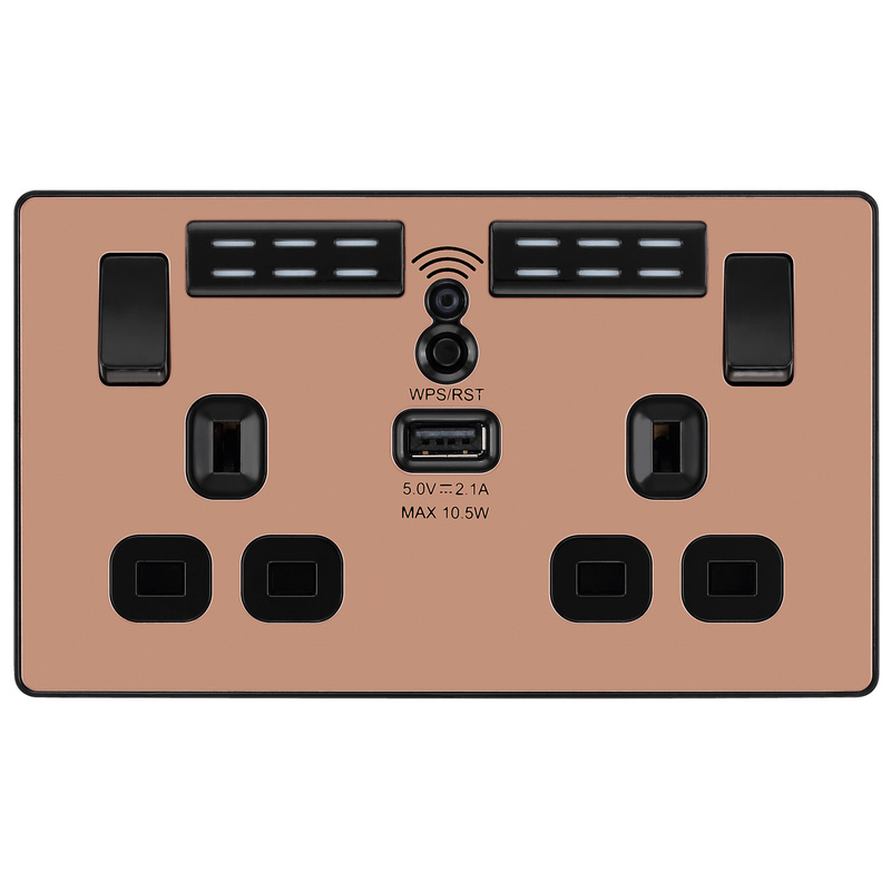 BG Evolve Polished Copper (Black Ins) Wifi Extender Double Switched 13A Power Socket + 1X Usb (2.1A)