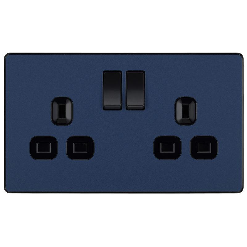 BG Evolve Matt Blue (Black Ins) Double Switched 13A Power Socket