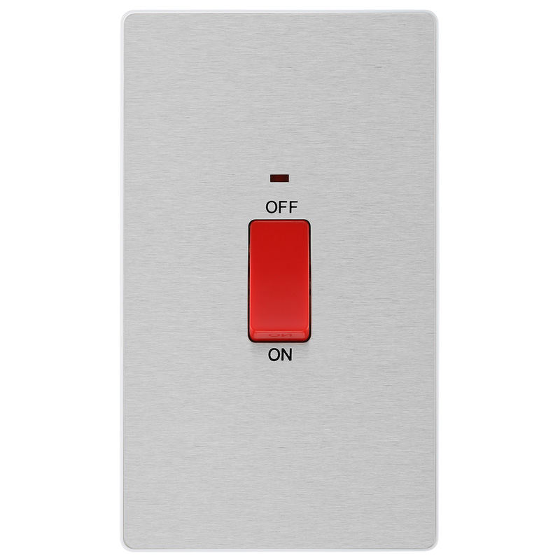 BG Evolve Brushed Steel (White Ins) 45A Rectangular Switch, Double Pole With Led Power Indicator