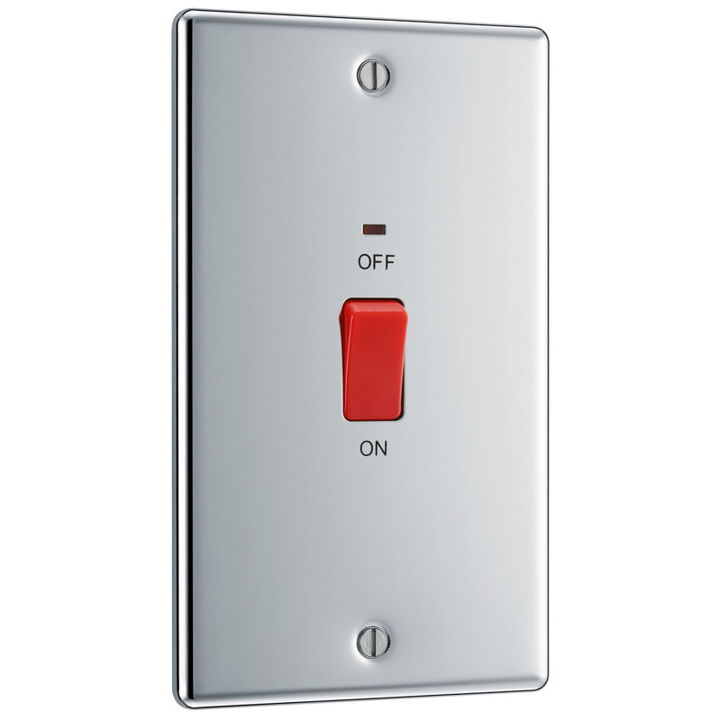 BG Polished Chrome 45A Double Pole Switch 45A 2 Gang Upright + Neon