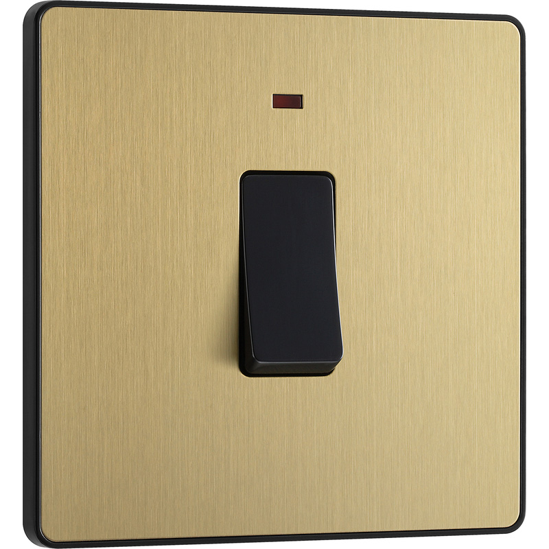 BG Evolve Brushed Brass (Black Ins) 20A Switch, Double Pole With Power Led Indicator