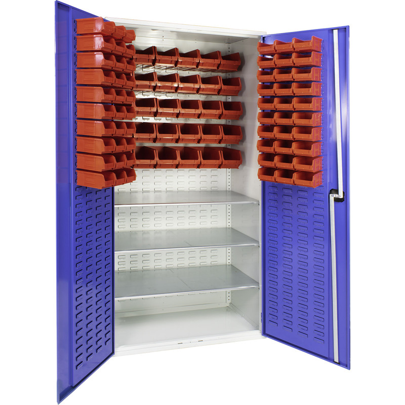 Barton Louvred Panel Cabinet with 3 Shelves & Bins 2000 x 1015 x 430mm - 60 TC2 Red & 30 TC3 Red Bins