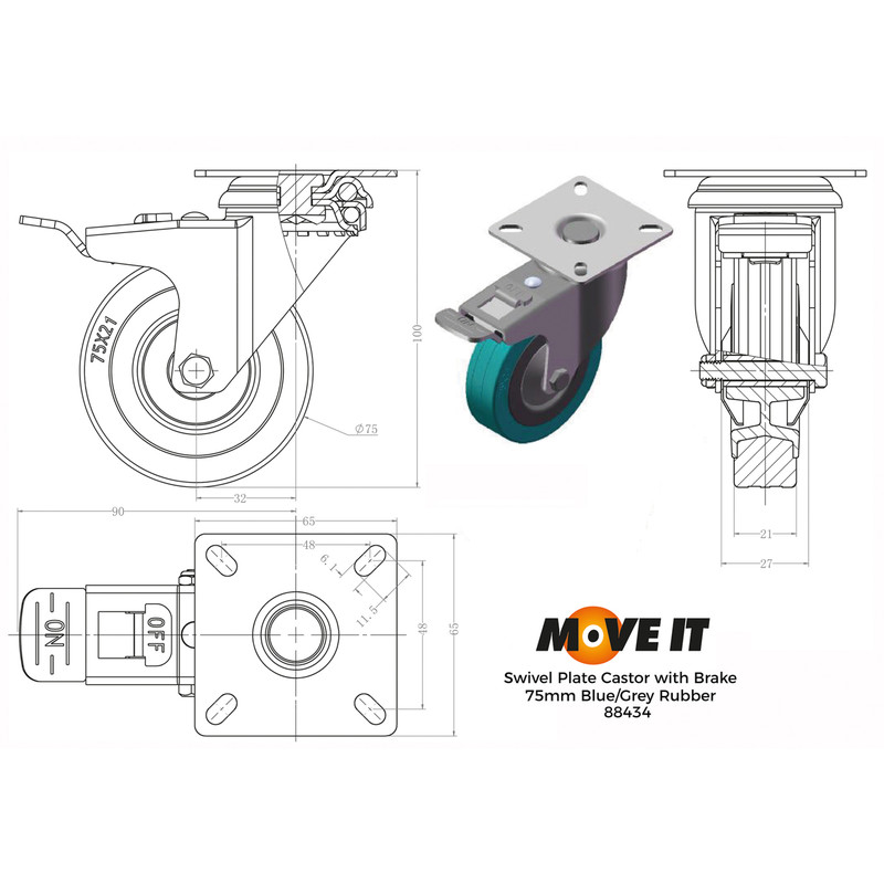 Swivel Wheel with Brake Castor 75mm 50kg