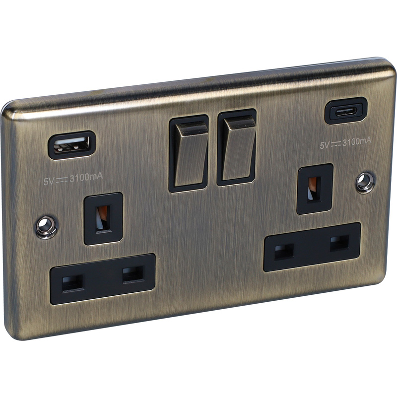 Antique Brass USB A & C Type Switched Socket 2 Gang 3.1A