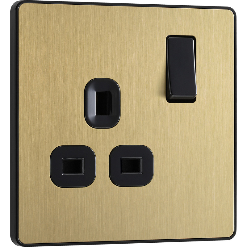 BG Evolve Brushed Brass (Black Ins) Single Switched 13A Power Socket
