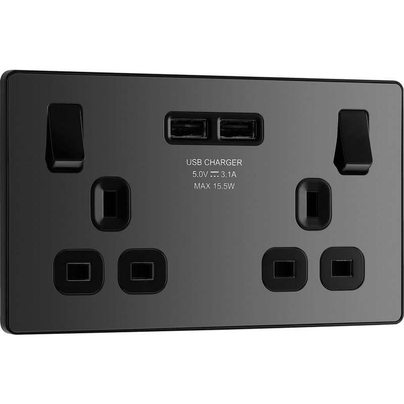 BG Evolve Black Chrome (Black Ins) Double Switched 13A Power Socket + 2 X Usb (3.1A)