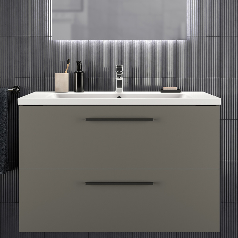 Ideal Standard i.life B Double Drawer Wall Hung Unit with Basin Matt Quartz Grey 1000mm with Matt Black Handles