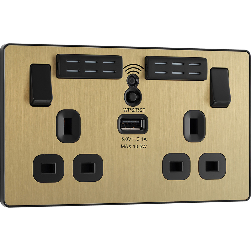 BG Evolve Brushed Brass (Black Ins) Wifi Extender Double Switched 13A Power Socket + 1X Usb (2.1A)