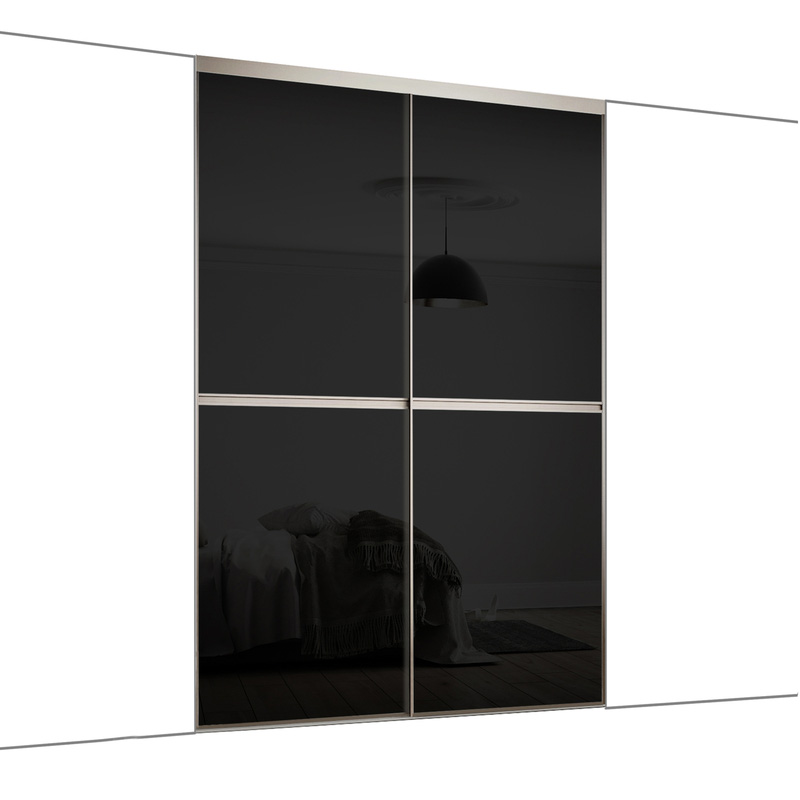 Spacepro Minimalist 2 Door Sliding Wardrobe Kit Silver Framed Black Glass Doors 1504 x 2260mm