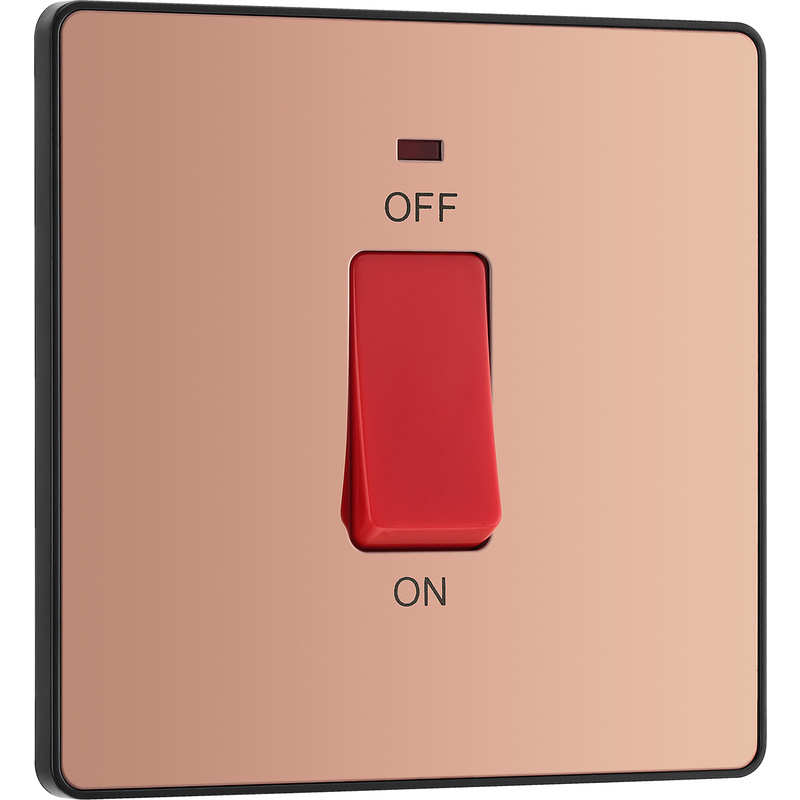 BG Evolve Polished Copper (Black Ins) 45A Square Switch, Double Pole With Led Power Indicator