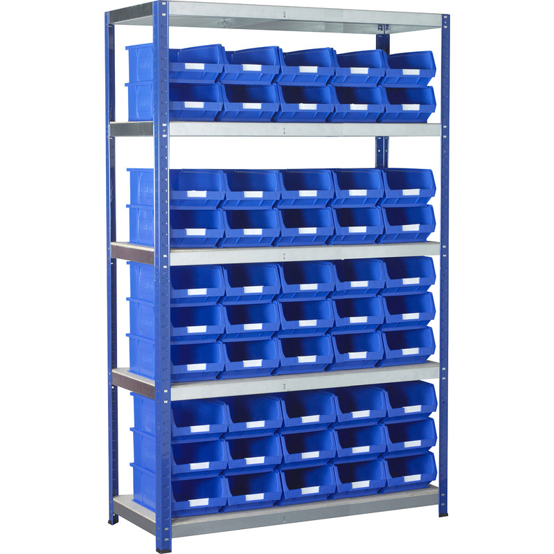 Eco 5 Tier Shelving Bay with Blue Bins 1800 x 1200 x 450mm