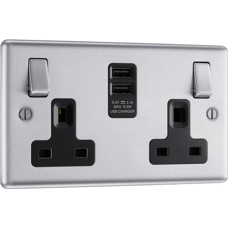 BG Brushed Steel USB 13A Black Insert Switched Socket 2 Gang + 2 USB (3.1A)