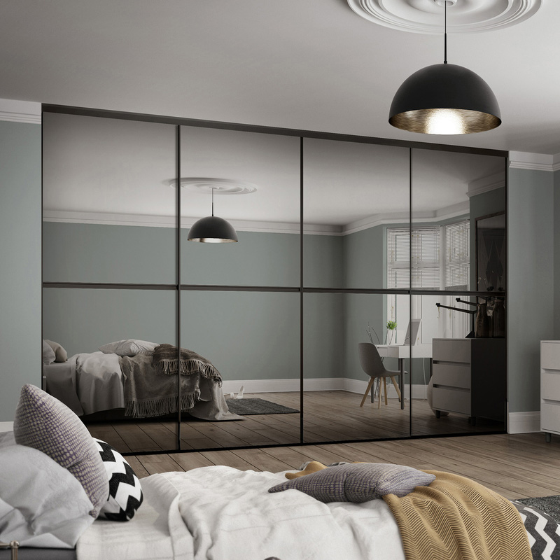 Spacepro Minimalist 4 Door Sliding Wardrobe Kit Black Framed Silver Mirror Doors 2400 x 2260mm
